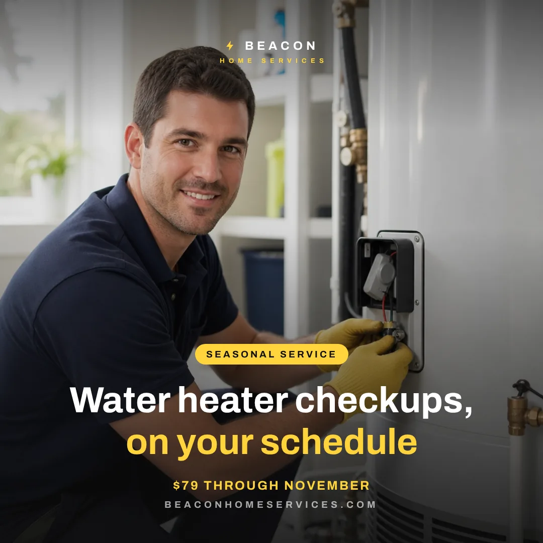 Sample photo post design for a fictional home-services brand promoting seasonal water heater checkups, with a technician photo