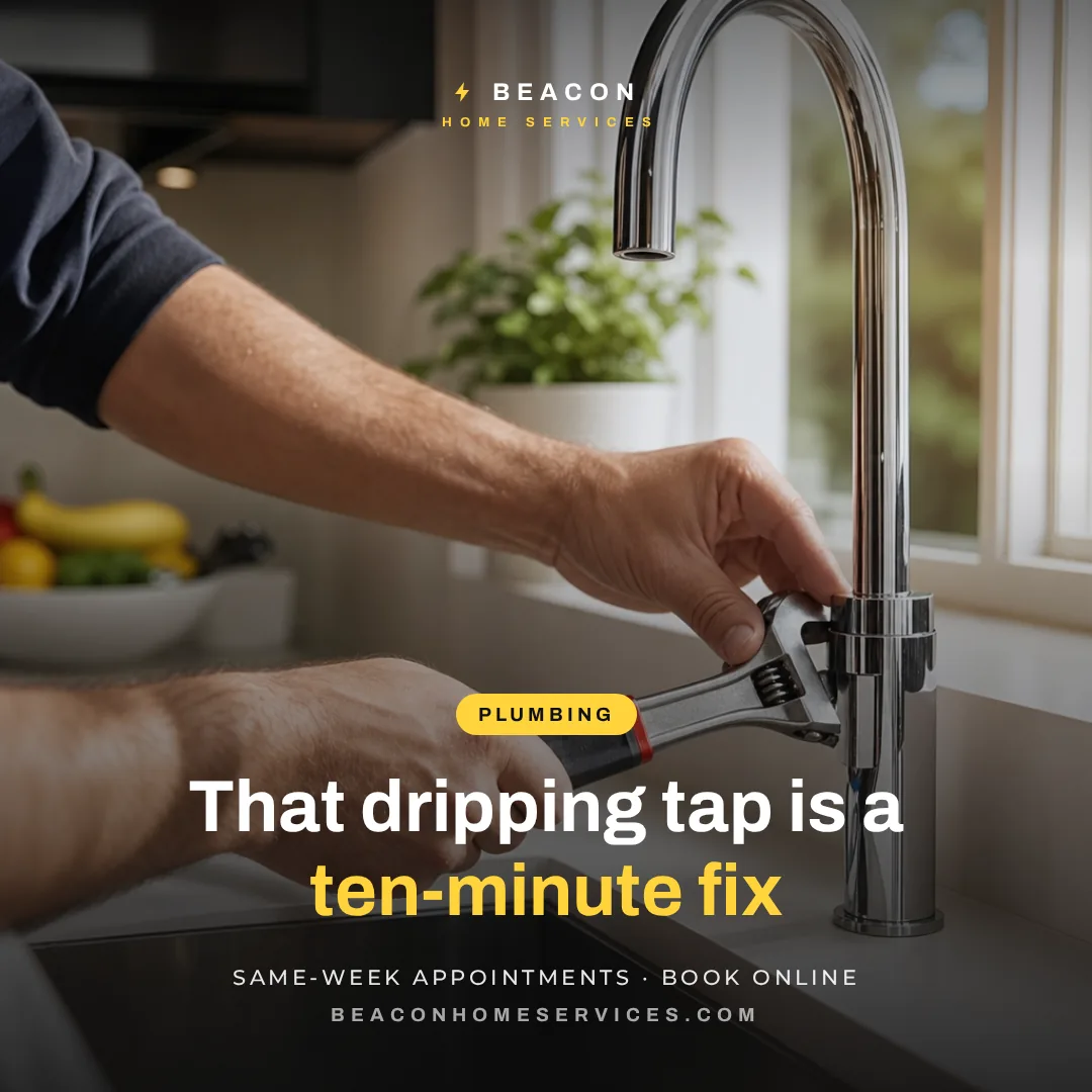 Sample photo post design for a fictional home-services brand about fixing a dripping tap, with a kitchen faucet photo