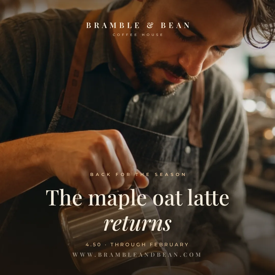 Sample photo offer post design for a fictional coffee house announcing a returning seasonal latte with a small price line