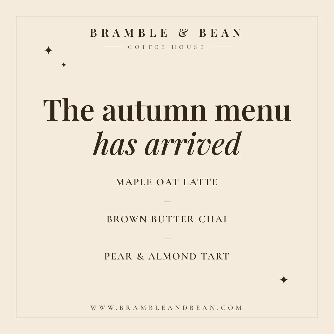 Sample cream serif post design for a fictional coffee house announcing an autumn menu