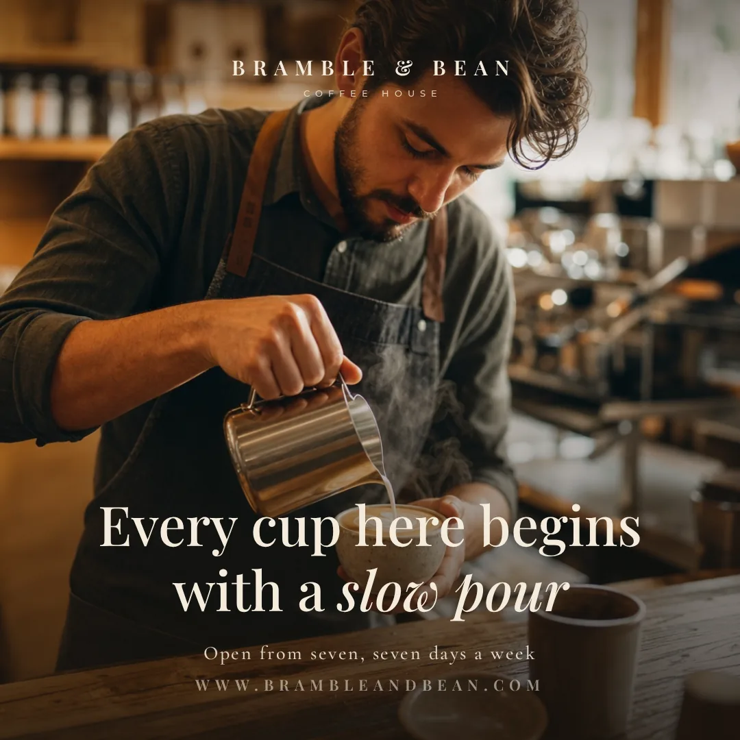 Sample photo post design for a fictional coffee house, a serif headline about slow pours over a latte-art photo