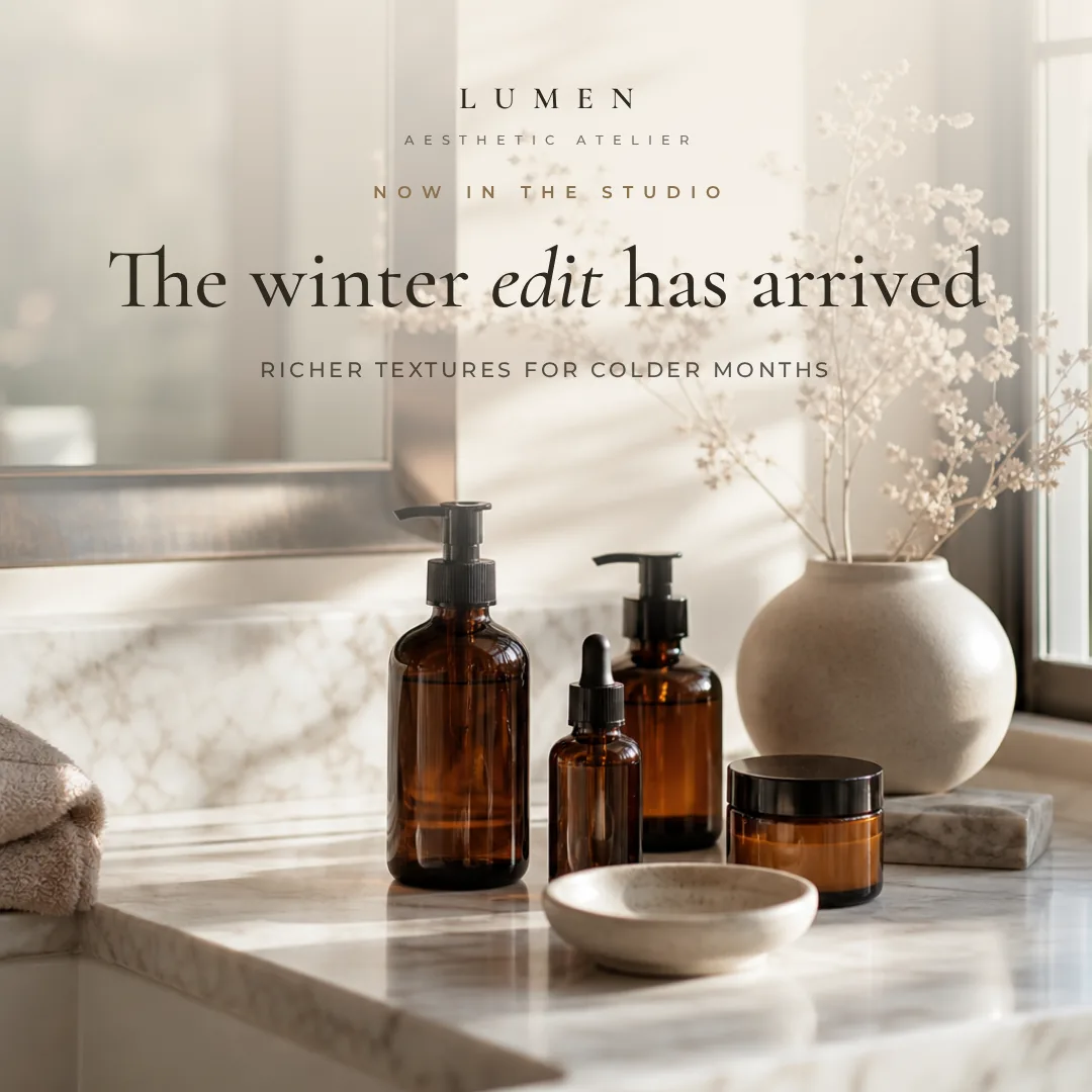 Sample photo post design for a fictional aesthetic atelier announcing a winter product edit over a skincare still-life photo