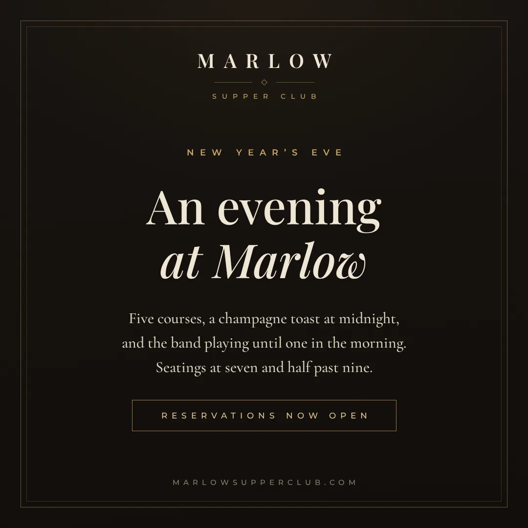 Sample black and champagne invitation post design for a fictional supper club announcing a New Year's Eve dinner